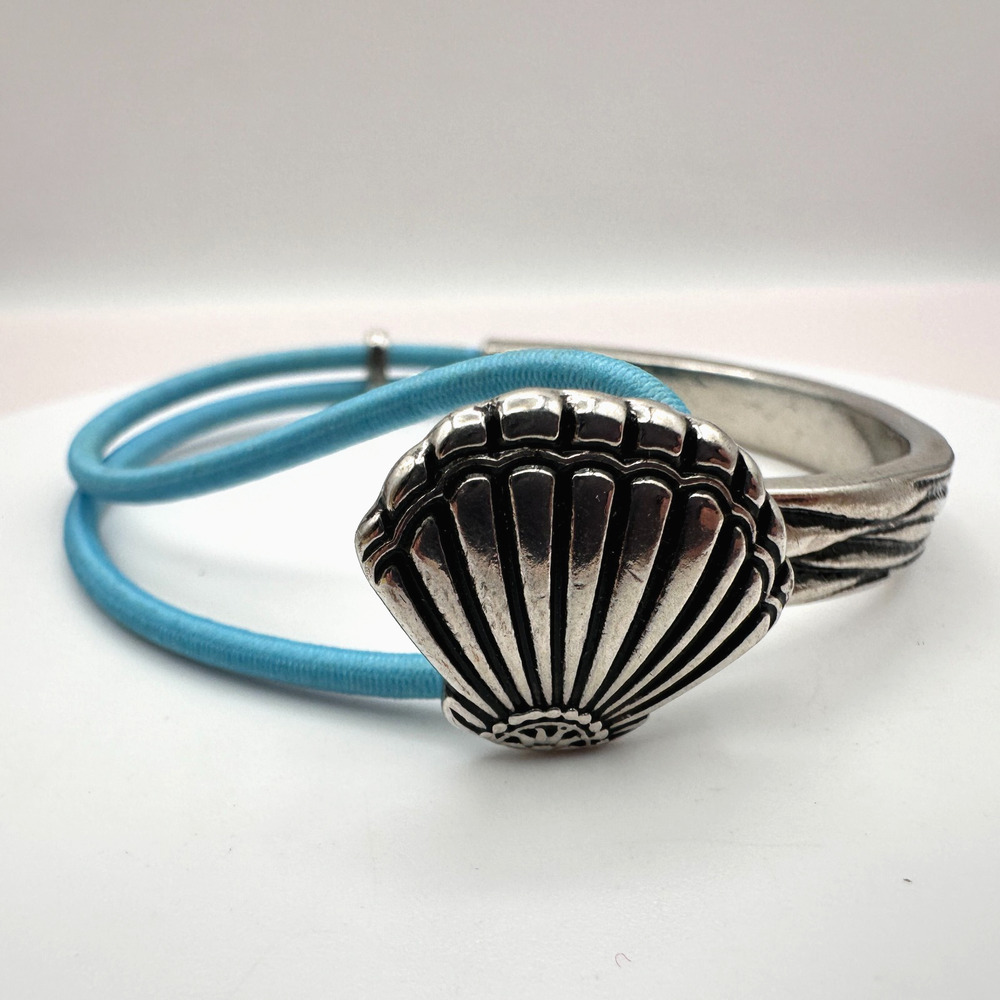 Vintage Y2K Silver Tone Shell Blue Cord Bracelet Women's Classic Fashion Jewelry